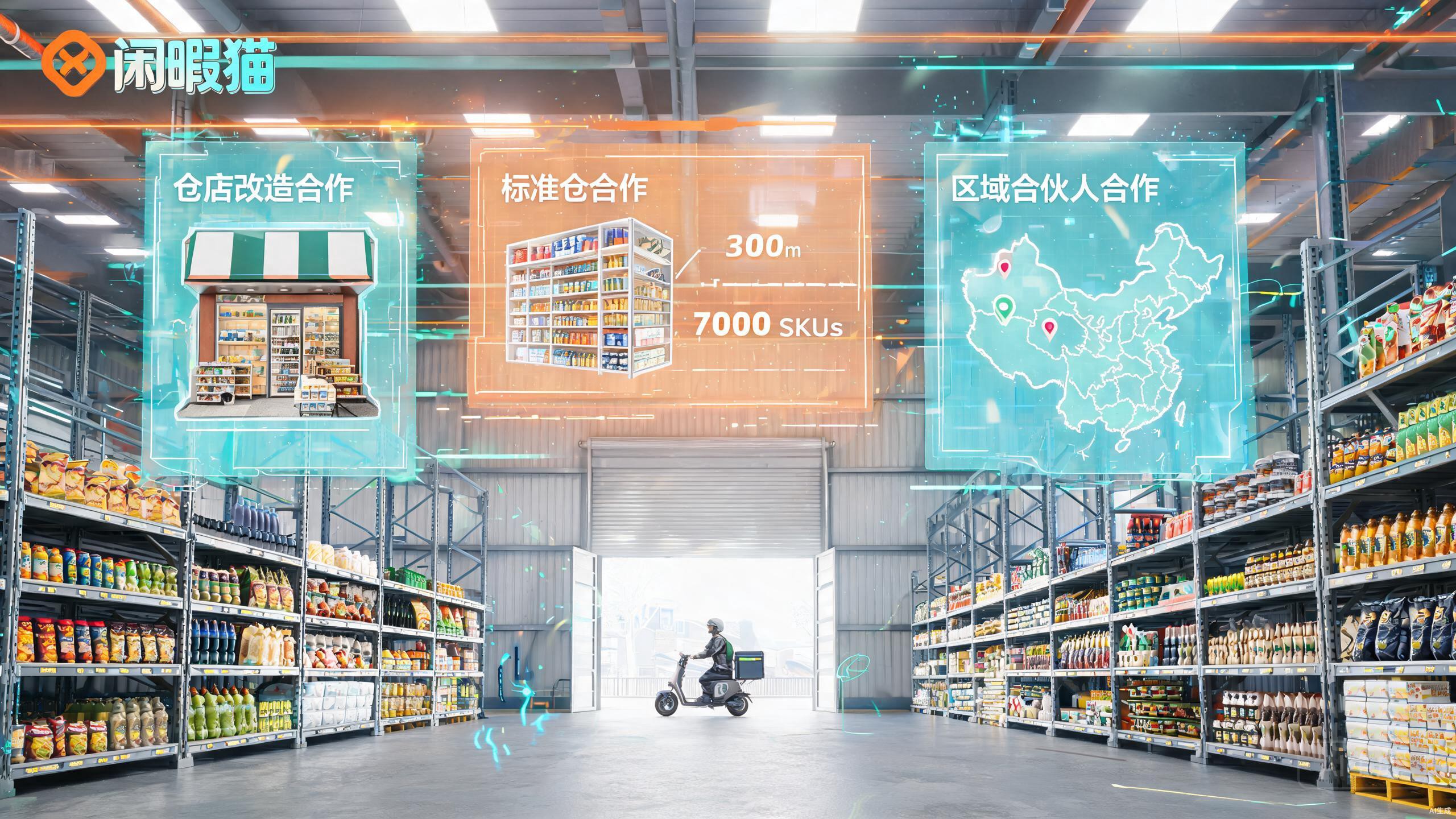 闲暇猫闪电仓概念图 — 三种合作模式：前店后仓、标准大仓、区域合作商合作